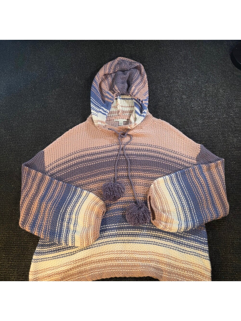 Cato Striped Knit Hoodie Sweater with Pom-Pom Drawstrings, Size Large
